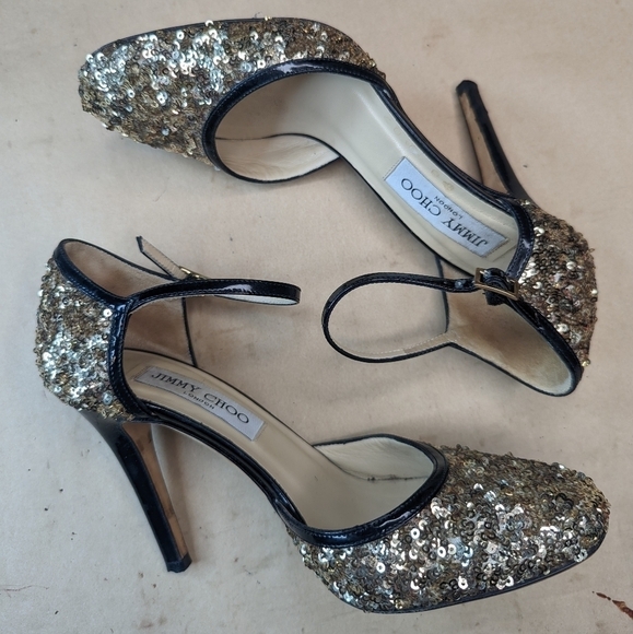 Jimmy Choo London women's 3.5" Heels Size 36 . Golden sequins and black patent l - Picture 6 of 11